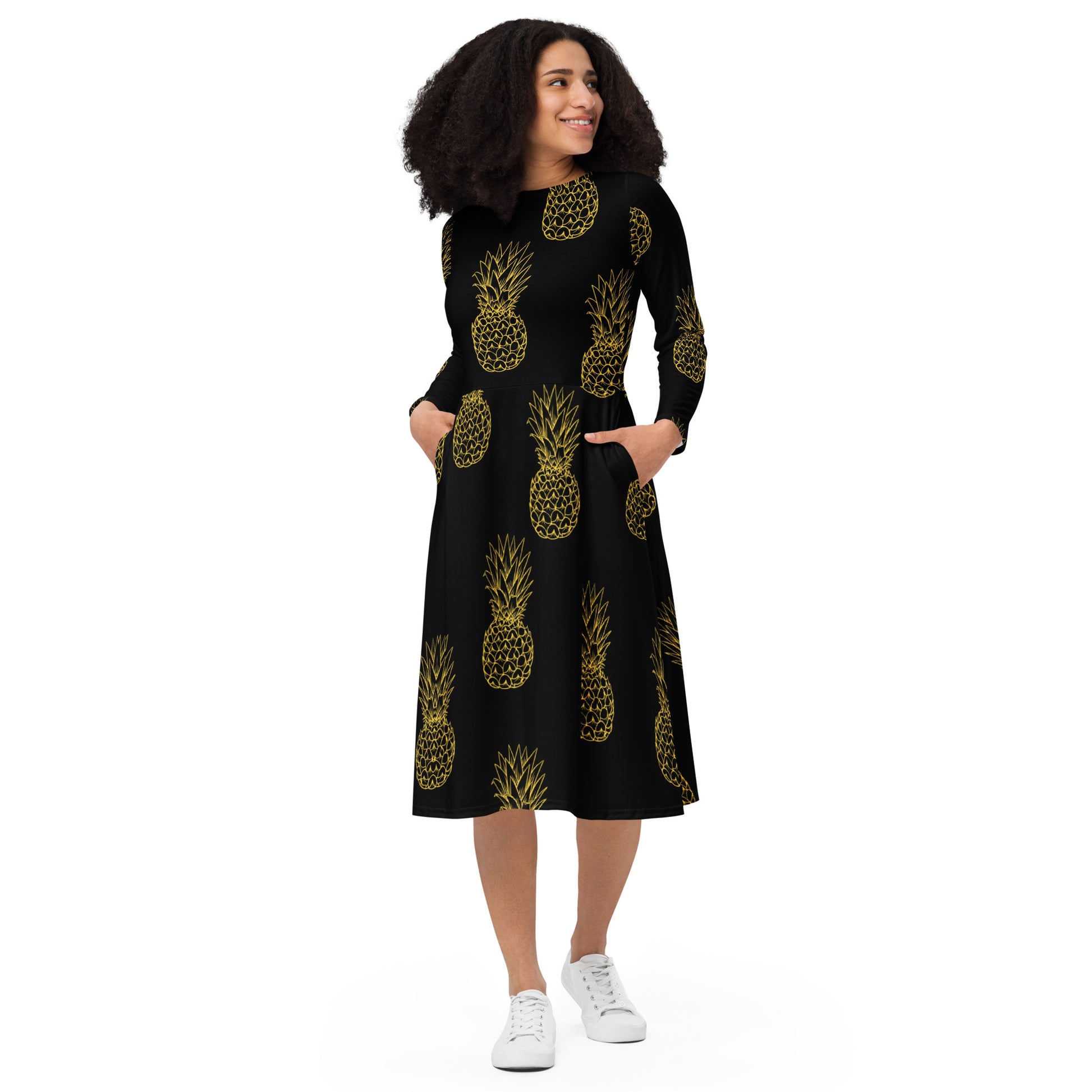 Pineapple Bliss Women's Long Sleeve Midi Dress - FLAKOUT