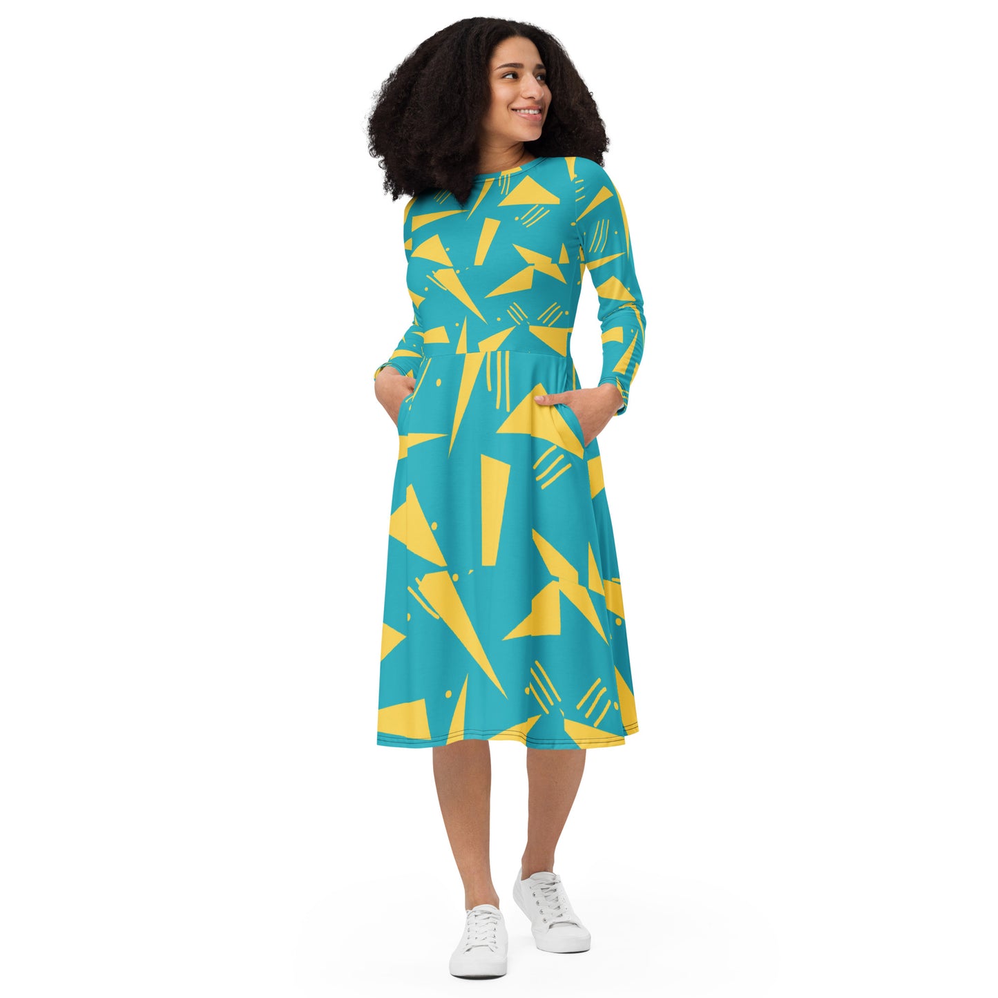 Women's Long Sleeve Midi Dress Triangles - FLAKOUT