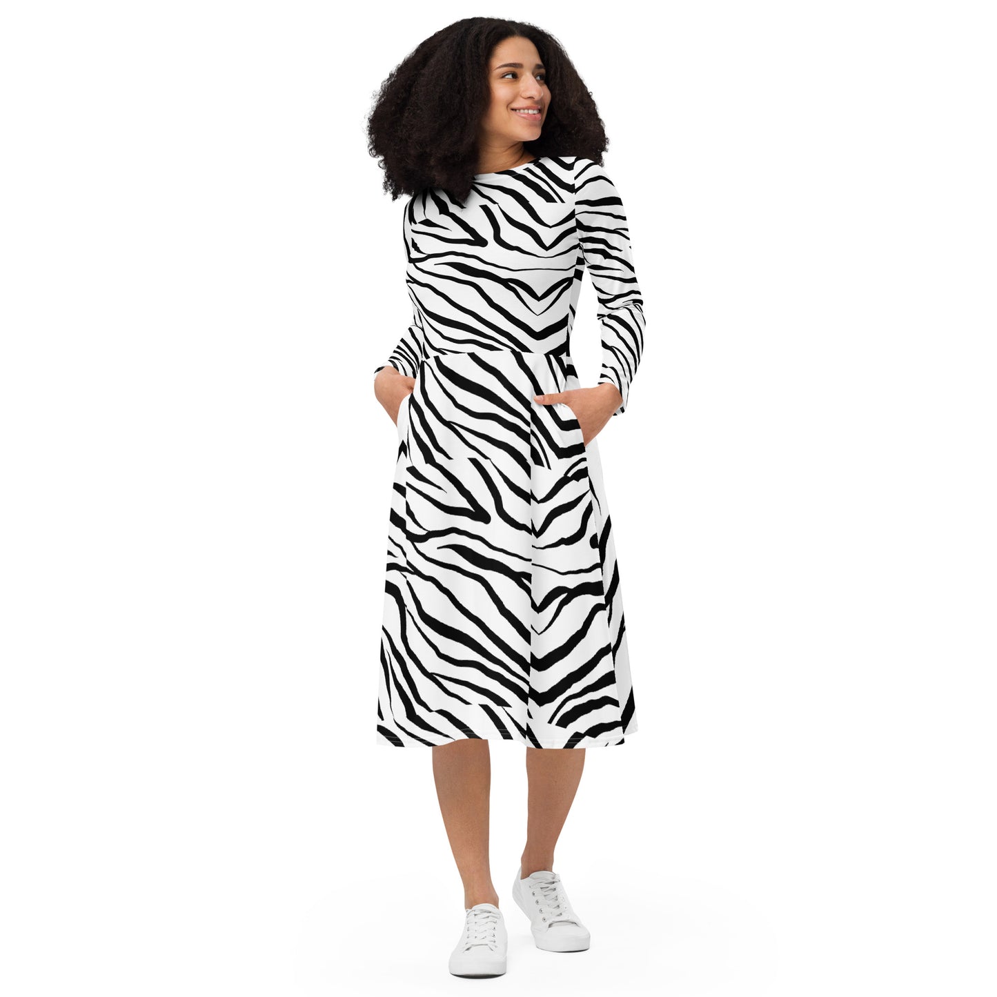 Striped Zebra Vibrance Women's Long Sleeve Midi Dress