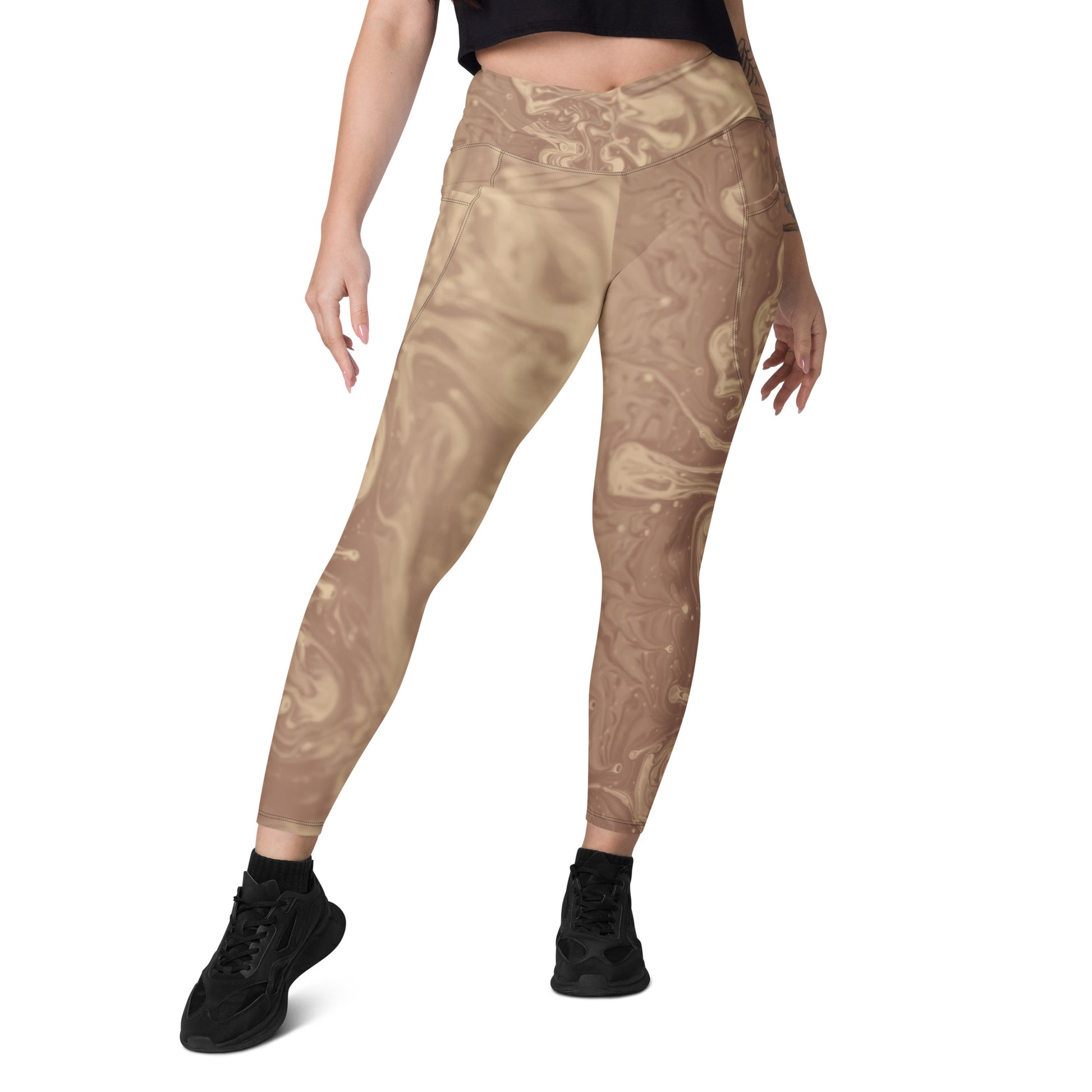 Liquid Beige Women's Recycled Crossover Leggings With Pockets - FLAKOUT