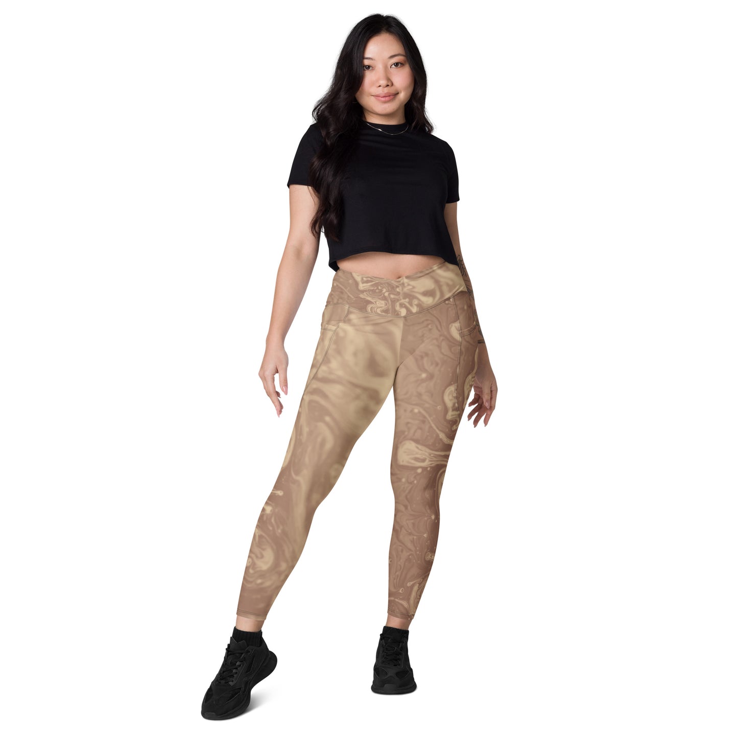 Liquid Beige Women's Recycled Crossover Leggings With Pockets - FLAKOUT