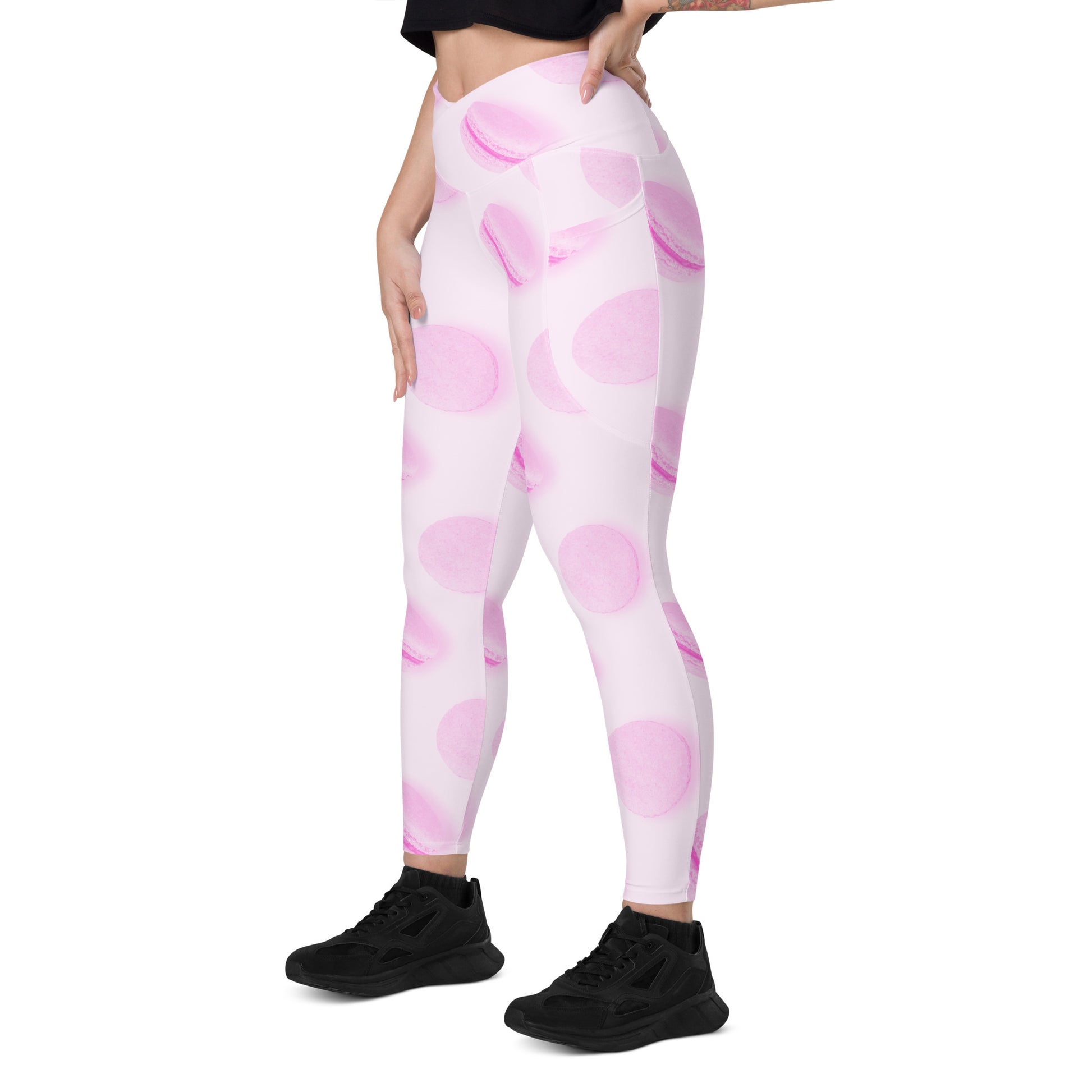 Rosé Macaron Women's Recycled Crossover Leggings With Pockets - FLAKOUT